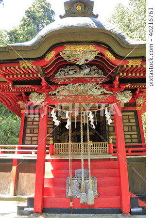 Hanazono神社崇拜大廳和杜鵑花開花北茨城市 40216761