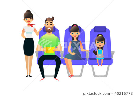 Happy cartoon family travel. Travelling people passengers and on board of the airplane. Man woman Happy cartoon family travel. Travelling people passengers and on board of the airplane. Man woman 40216778