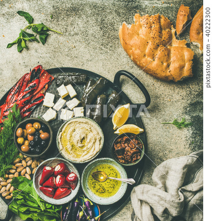 Mediterranean meze starter fingerfood platter in tray Mediterranean meze starter fingerfood platter in tray 40222300