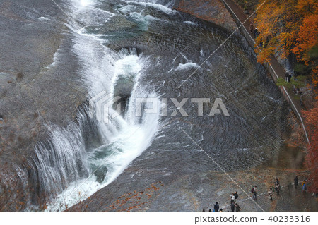 [Autumn autumn season] Autumn leaves (from the observation tower) copy space of waterfall of Fukiwari, Fukiwari valley 40233316