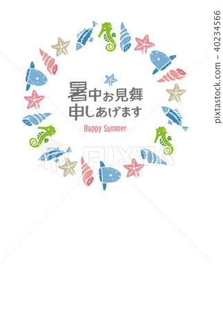 Sea wreath of fish and shellfish, summer greeting card illustration 40234566
