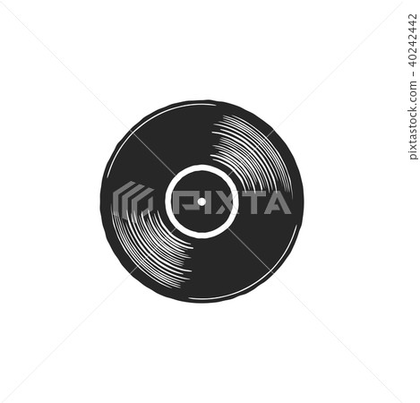 Vintage hand drawn vinyl LP record with gray label. Black Old technology, realistic retro design Vintage hand drawn vinyl LP record with gray label. Black Old technology, realistic retro design 40242442