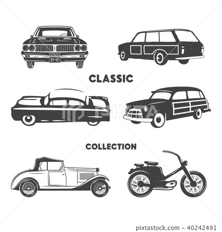 Classic cars, vintage car icons, symbols set.Vintage hand drawn cars, muscle, motorcycle elements 40242491