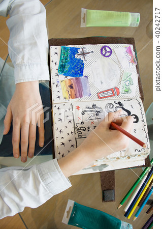 Table with elements for scrapbooking handcraft 40242717