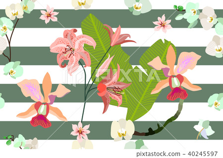 Seamless botanical print with tropical motifs.  Seamless botanical print with tropical motifs.  40245597