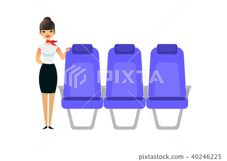 The stewardess is waiting for the passengers. Flight attentant female stands near the seats. Vector The stewardess is waiting for the passengers. Flight attentant female stands near the seats. Vector 40246225
