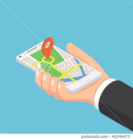 Hand holding smartphone with pinpoint on map - Stock Illustration ...