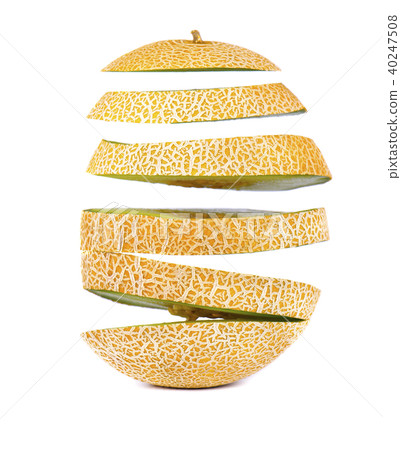 Flying slices of juicy and sweet melon, isolated on white background. Clipping path. Flying slices of juicy and sweet melon, isolated on white background. Clipping path. 40247508