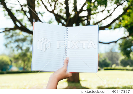 Hand holding blank page book and tree in backgroun Hand holding blank page book and tree in backgroun 40247537