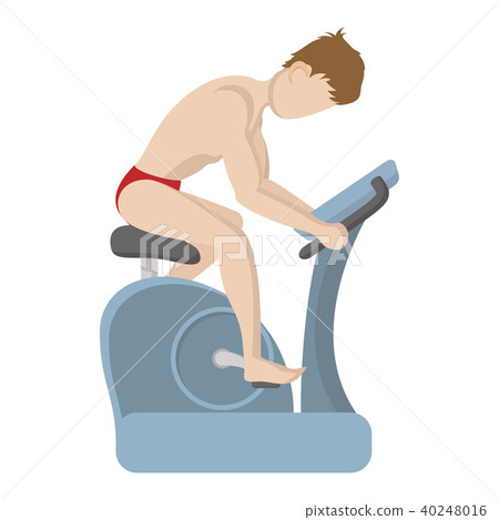 Naked man is training on a stationary bike icon - Stock Illustration