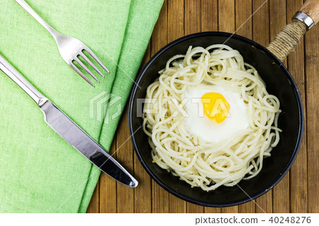 Fried egg and spaghetti in a black frying pan Fried egg and spaghetti in a black frying pan 40248276