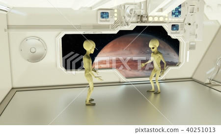 Aliens on a spaceship arguing on background planet Jupiter.. 3D rendering 40251013