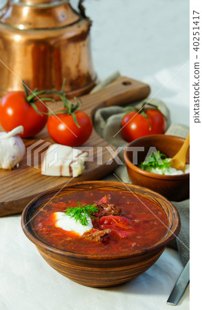 soup russian, borsch with beef and sour cream 40251417