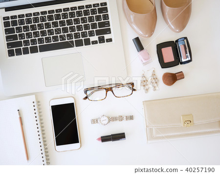 flat lay woman workplace with laptop ,smart phone 40257190