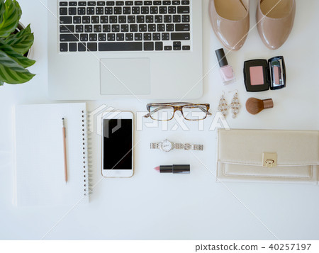 flat lay woman workplace with laptop ,smart phone 40257197