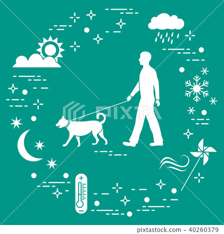 Man walking a dog on a leash in any weather 40260379