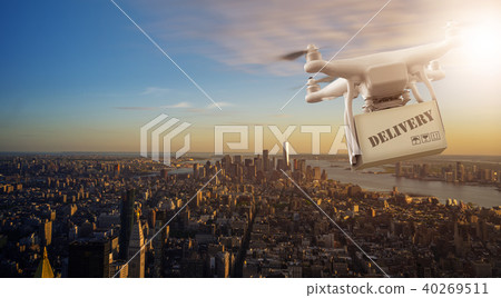 Drone flying with package over Manhattan Drone flying with package over Manhattan 40269511
