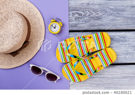 Beach items for resort flat lay. 40280021
