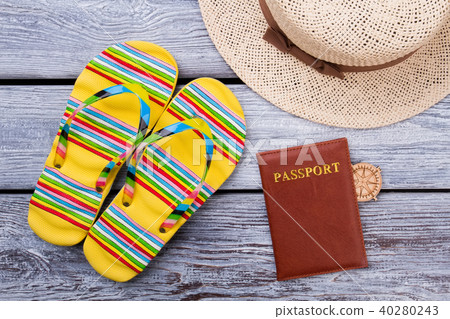 Beach flat lay with passport. Beach flat lay with passport. 40280243