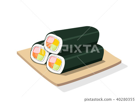 Three Sushi roll on wooden plate, isolated vector 40280355