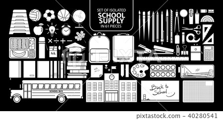Set of isolated white silhouette school supply. Set of isolated white silhouette school supply. 40280541