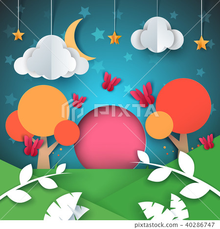 Cartoon paper landscape. Cloud, star, moon, tree illustration. Cartoon paper landscape. Cloud, star, moon, tree illustration. 40286747