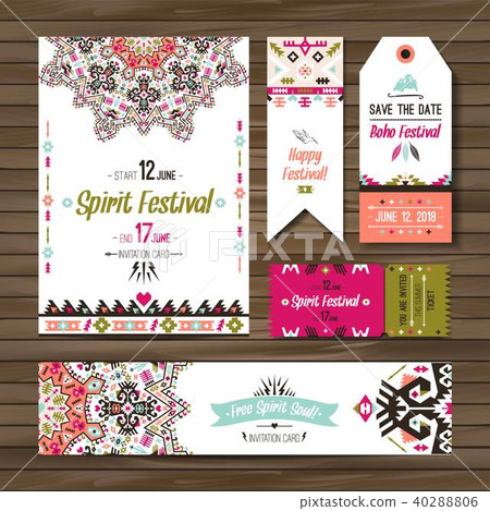 Set of geometric boho colorful flyers. Vector decorative ethnic greeting card or invitation design 40288806