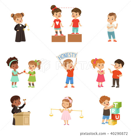 Kind and fair little children set, kids protecting friends, sharing with each other, carrying out 40290872