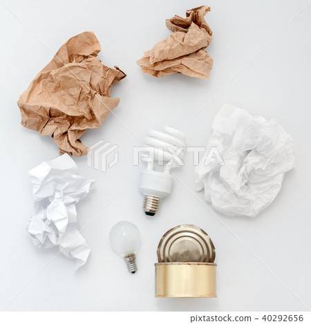 Recyclable waste, resources. Clean glass, paper, plastic and metal on white background. Recycling Recyclable waste, resources. Clean glass, paper, plastic and metal on white background. Recycling 40292656