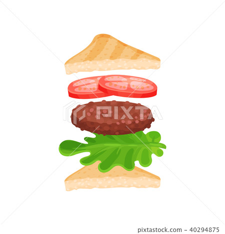 Triangle sandwich with ingredients fresh tomatoes, cutlet and lettuce leaf. Delicious fast food 40294875