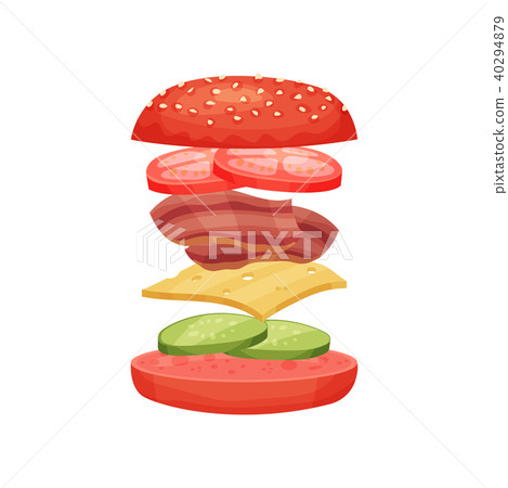 Delicious burger with flying ingredients red buns, cucumbers, cheese slice, bacon and tomatoes. Fast 40294879