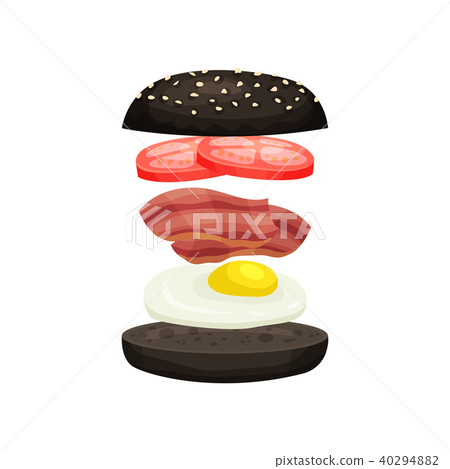 Burger from black bun with sesame, fresh tomatoes, bacon and fried egg. Tasty fast food. Flat vector Burger from black bun with sesame, fresh tomatoes, bacon and fried egg. Tasty fast food. Flat vector 40294882