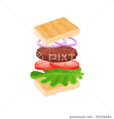 Sandwich with flying ingredients bread slices, lettuce leaf, tomatoes, grilled cutlet and onion Sandwich with flying ingredients bread slices, lettuce leaf, tomatoes, grilled cutlet and onion 40294884