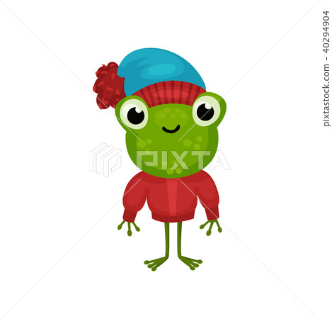 Funny humanized frog in warm sweater and hat. Cartoon character of smiling toad. Flat vector element 40294904