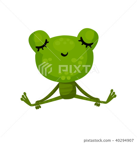 Calm frog sitting with closed eyes. Cartoon character of cute green toad. Relaxing and meditation Calm frog sitting with closed eyes. Cartoon character of cute green toad. Relaxing and meditation 40294907