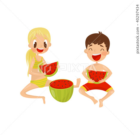 Happy children eating sweet watermelon. Kids enjoying summer vacation. Colorful flat vector design Happy children eating sweet watermelon. Kids enjoying summer vacation. Colorful flat vector design 40297434