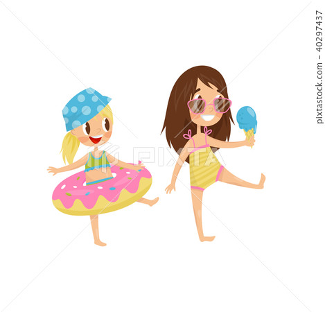 Cute little kid with rubber swimming ring. Funny girl with ice-cream in hand. Summer recreation Cute little kid with rubber swimming ring. Funny girl with ice-cream in hand. Summer recreation 40297437