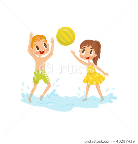 Two little kids playing in water with inflatable ball. Children in swimwear. Summer recreation at Two little kids playing in water with inflatable ball. Children in swimwear. Summer recreation at 40297439