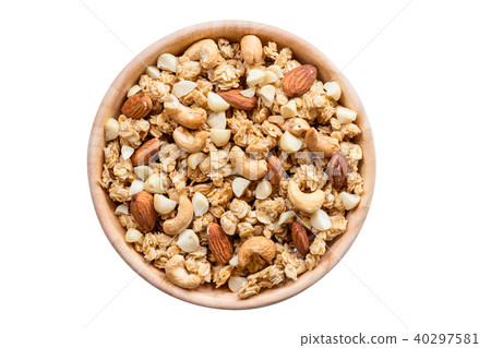 Close up top view granola in the bowl on isolated 40297581