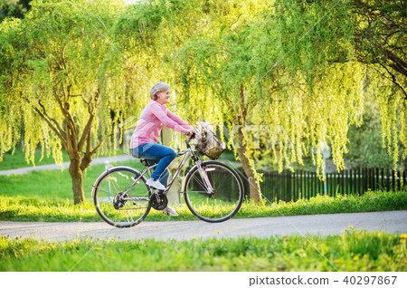 Beautiful senior woman with bicycle outside in spring nature. Beautiful senior woman with bicycle outside in spring nature. 40297867