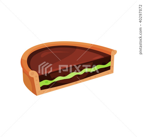 Delicious chocolate pie with green filling. Half of tasty tart. Confectionery product. Flat vector 40297872