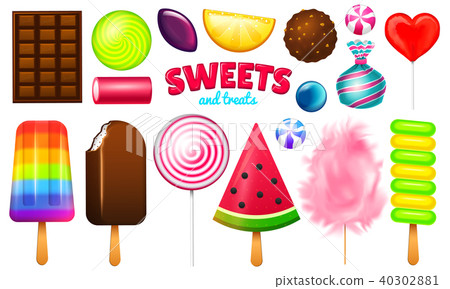 Realistic Sweet candies set. Swirl caramel, assorted circle lollipops, dragee and chocolates, fruit Realistic Sweet candies set. Swirl caramel, assorted circle lollipops, dragee and chocolates, fruit 40302881