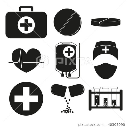 Black and white 9 medical icon silhouette set. 40303090