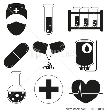 Black and white 9 medical icon silhouette set. Black and white 9 medical icon silhouette set. 40303091