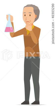 An elderly man in brown clothes has an Erlenmeyer flask 40303290