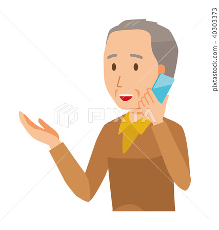 An elderly man in brown clothes is talking on a smartphone An elderly man in brown clothes is talking on a smartphone 40303373