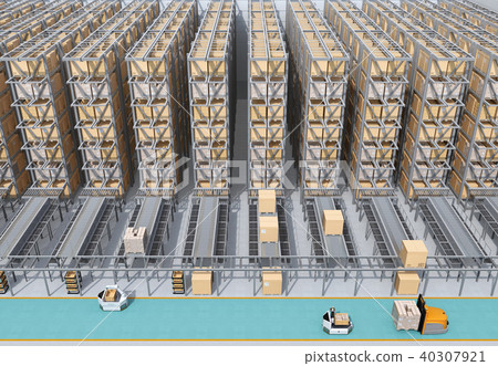 Interior image of a large automatic distribution center. AGV unmanned transport vehicle, efficiency improvement by unmanned operation forklift 40307921