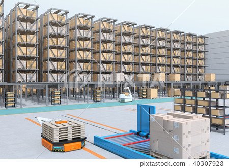 Interior image of a large automatic distribution center. AGV unmanned transport vehicle, efficiency improvement by unmanned operation forklift Interior image of a large automatic distribution center. AGV unmanned transport vehicle, efficiency improvement by unmanned operation forklift 40307928