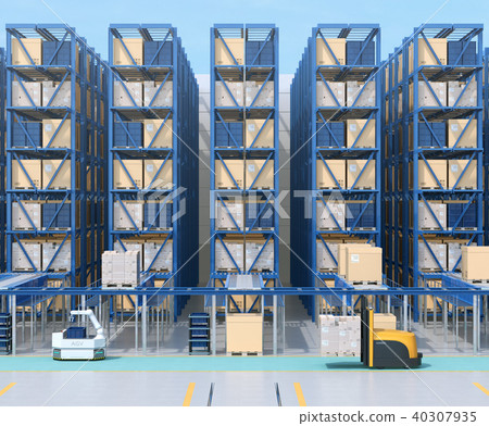 Interior image of a large automatic distribution center. AGV unmanned transport vehicle, efficiency improvement by unmanned operation forklift 40307935