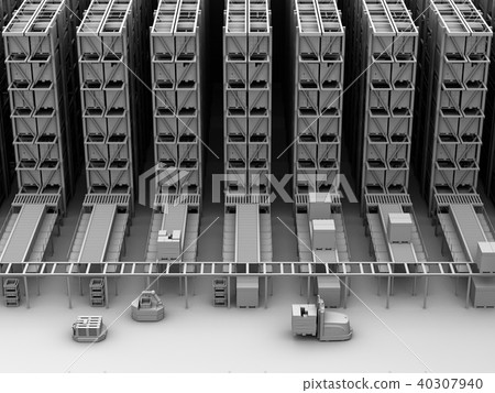 Clay rendering image of the interior of a large automated distribution center. 40307940